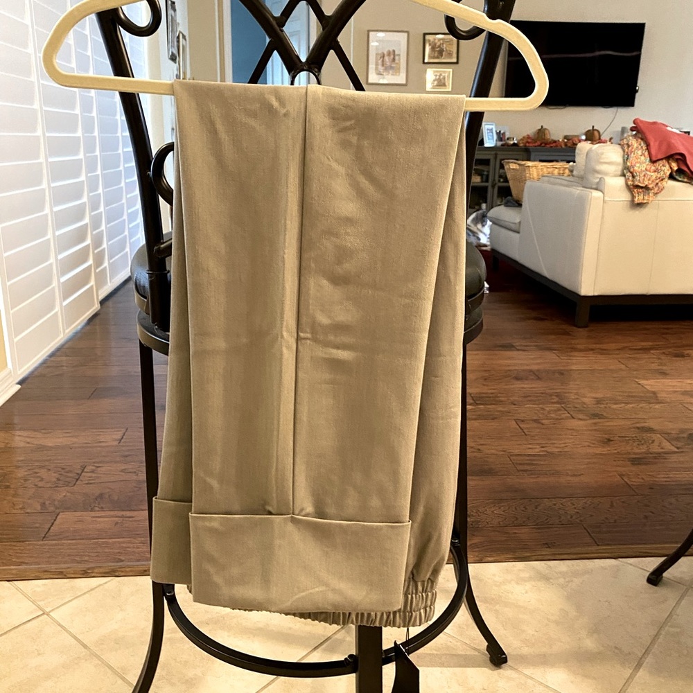 Pants, flat front, elastic waist with pockets and cuffs at bottom of pant legs